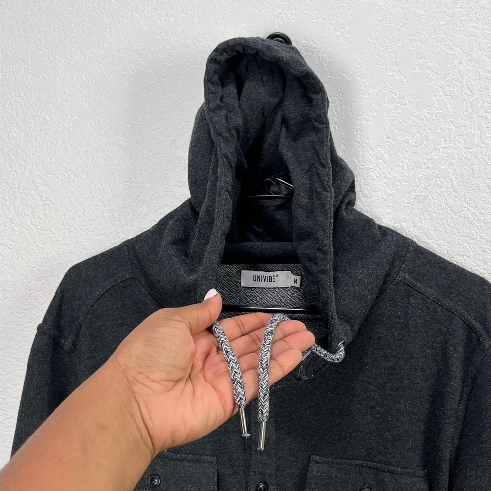 Univibe Men's Button Up Hooded Charcoal Gray Sz M Utility Heavy Shirt Drawstring - Picture 4 of 9
